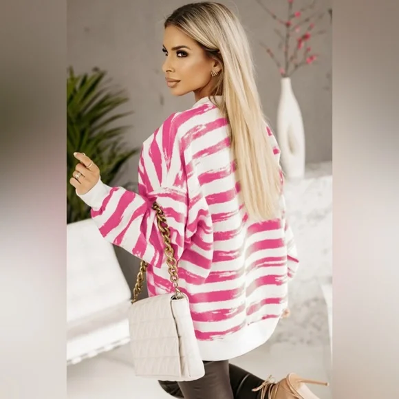 Cerise Heart Sequin Striped Dropped Shoulder Sweatshirt